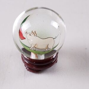 Vintage Chinese Inside Painted Glass Orb Pig Turnip Miniature Sphere with Stand